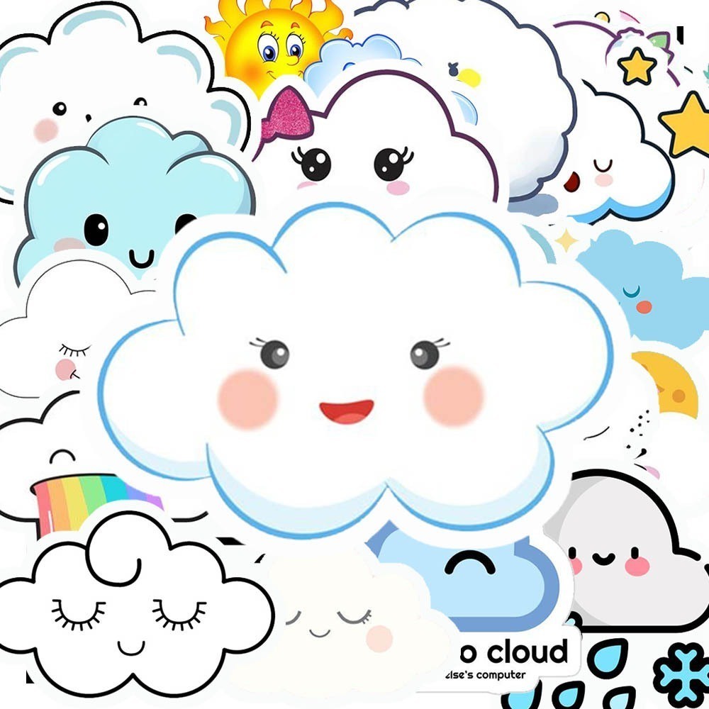 Hộp 50 Nhãn Dán Hình ĐÁM MÂY CUTE Decal Phản Quang 7 Màu Halogram Chống Nước