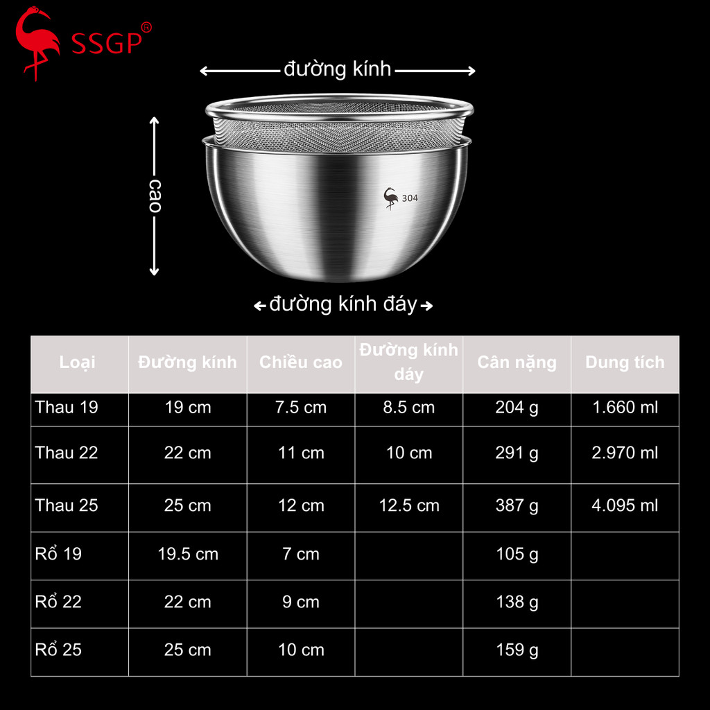 Thau trộn thực phẩm inox 304 đa năng SSGP SS20419 chậu rổ, thau, nhiều size chén bát, tô salad