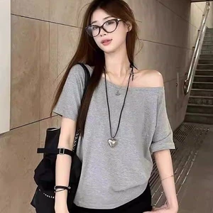 Áo thun ngắn tay một vai cổ điển kiểu Mỹ dành cho nữ mùa hè 2025, áo rộng rãi dành cho nữ