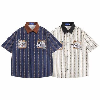GKSSS Áo sơ mi ngắn tay mới phong cách retro Nhật Bản sọc dọc hoạt hình thêu hoa văn phong cách trung tính
