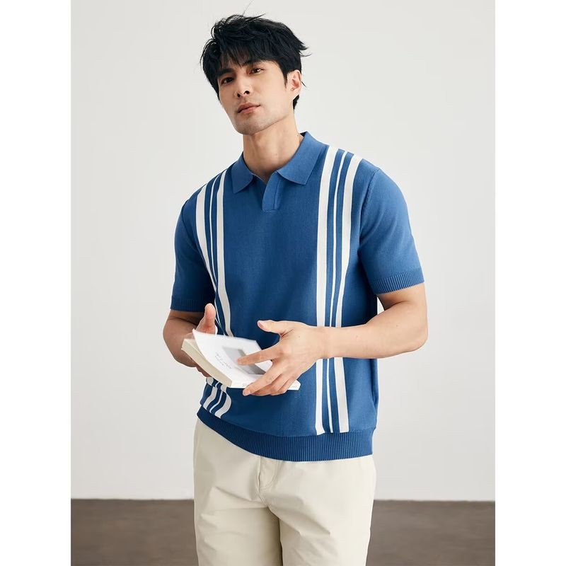 ThaliaWisp Sọc Colorblock Mùa Hè Băng Lụa Đan Áo Sơ Mi Polo Tay Ngắn Cho Nam