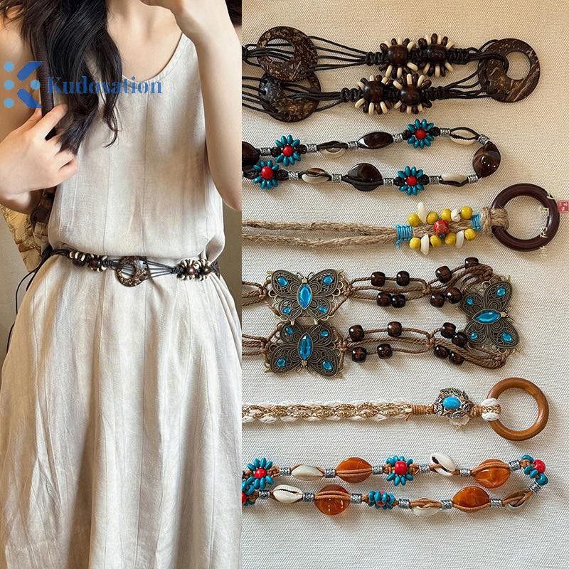 Kudosation Đơn Giản Đa Năng Dệt Tay sel Hạt Gỗ Thắt Lưng Phong Cách Dân Tộc Dây Thắt Lưng Phụ Kiện Kỳ Nghỉ Thắt Lưng Dây