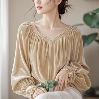 Độc Đáo Đẹp Năm nay Phổ Biến Ánh Sáng Đẹp Sang Trọng Giảm Tuổi Phong Cách Phương Tây Mai Vàng Nhung Áo Sơ Mi Nữ Thu Đông 24.12.4
