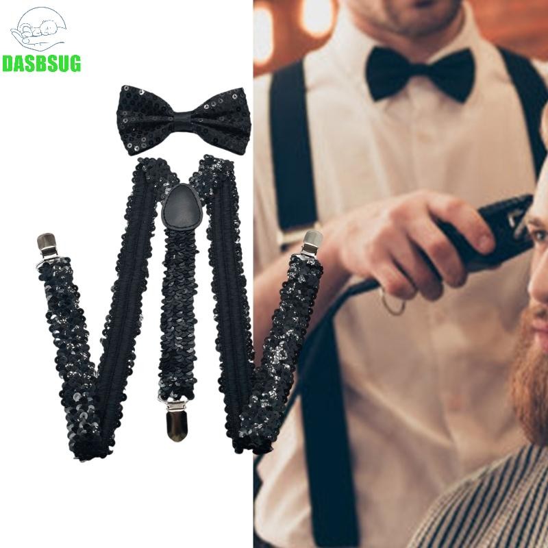 Dasbsug Shining Sequined Suspenders và Neck Bowtie Set dành cho nam giới Nẹp cơ hội trang trọng