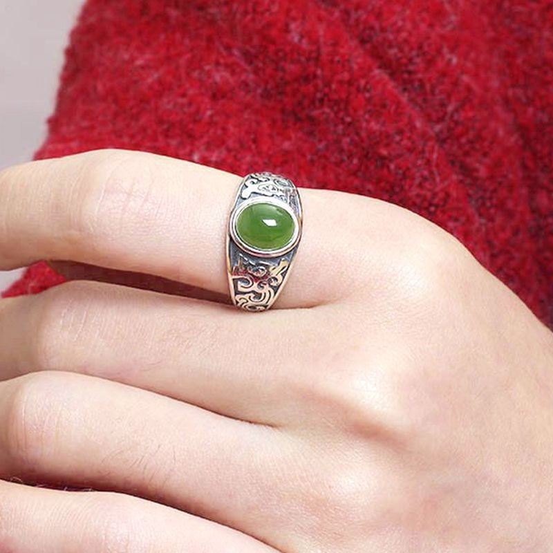 Retro S925 Bạc Ngọc Lục Bảo Giả Hetian Ngọc Nhẫn Nam Đơn Giản Mở Có Thể Điều Chỉnh