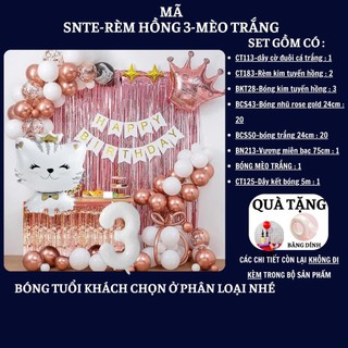 Set Bóng Trang Trí Sinh Nhật Tuổi Meo,tuổi Mão, thôi nôi, 12 con giáp cho bé gái - bé trai SNTE-RÈM HỒNG 3-MÈO TRẮNG