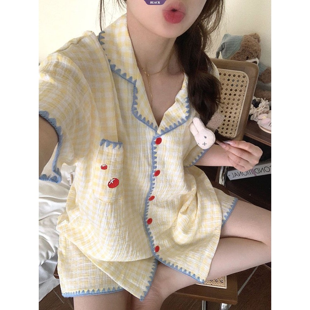 Bộ đồ ngủ kẻ sọc đơn giản Nhật Bản Nữ mùa hè Cà chua ngọt Quần Short ngắn tay dành cho học sinh Bộ đồ mặc nhà rộng rãi [BL]