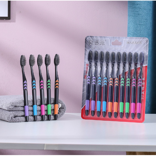Bộ 10 bàn chải than hoạt tính lông mềm, bàn chải đánh răng người lớn vệ sinh răng miệng