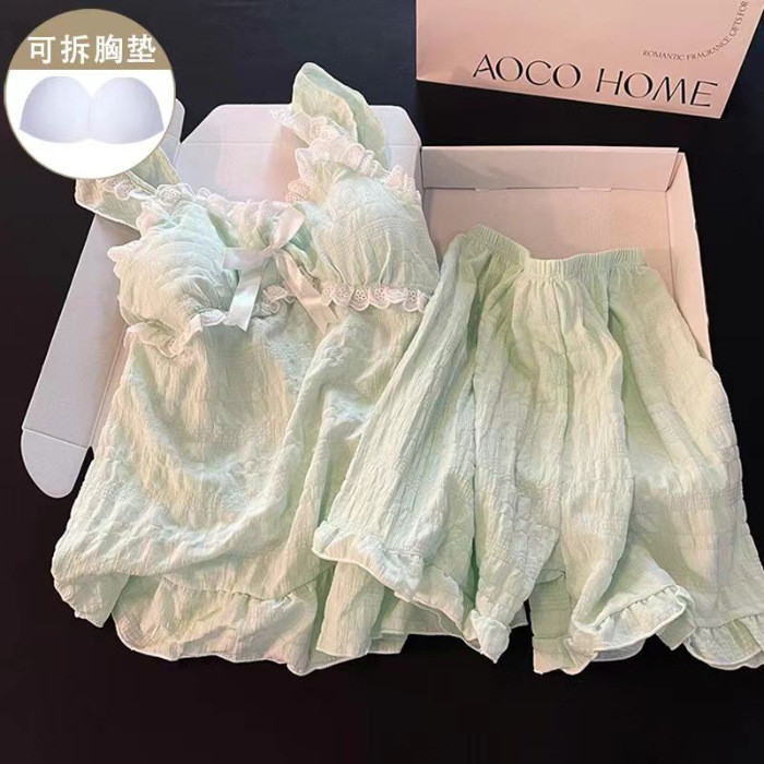 Plus size 300kg bộ đồ ngủ thiết kế phong cách mục vụ mới Bộ đồ ngủ nữ quần áo ở nhà có miếng đệm ngực