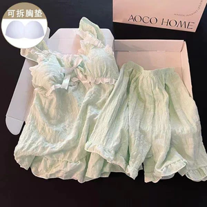 Plus size 300kg bộ đồ ngủ thiết kế phong cách mục vụ mới Bộ đồ ngủ nữ quần áo ở nhà có miếng đệm ngực