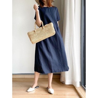 Váy vải lanh Cotton nữ tay ngắn cổ tròn dáng rộng