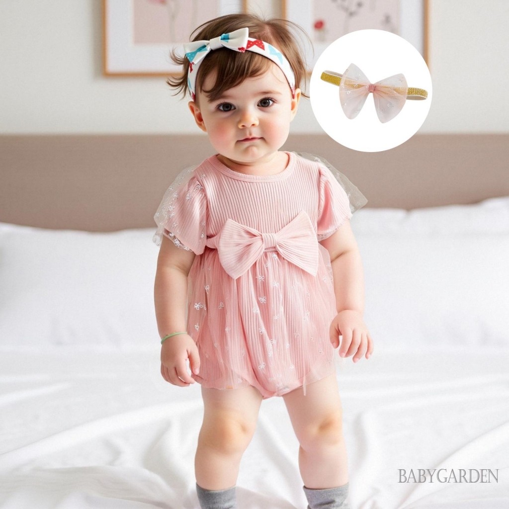 / / -Bộ áo liền quần mùa hè cho bé gái Áo liền quần ngắn tay chắp vá có băng đô dễ thương
