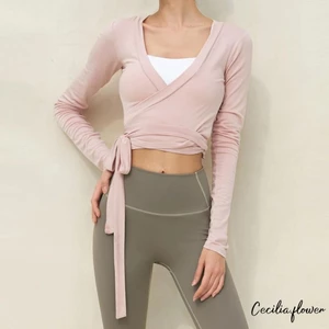 Áo khiêu vũ màu trơn dành cho nữ Slim Fit Quấn cổ chữ V Dây buộc dài tay Crop Ballet Cardigan