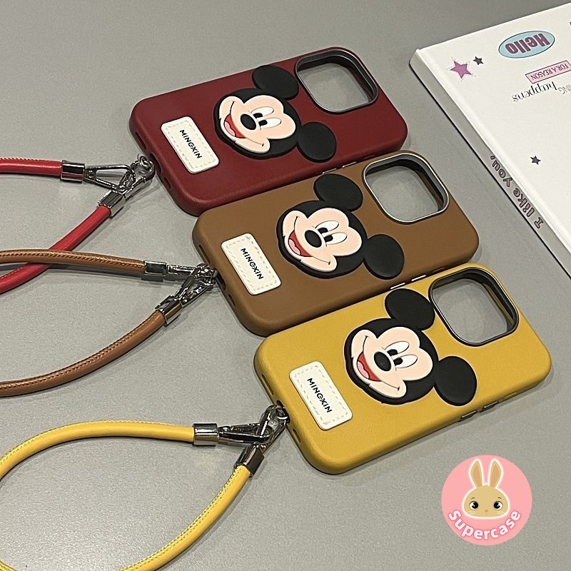 Ốp Điện Thoại Mickey Hoạt Hình Dễ Thương Cho iPhone 16 Pro Max 15 14 Plus 13 12 11 Pro Max X XR XS Max 8 7 6 6s Plus Vỏ Điện Thoại Da Sang Trọng Có Dây Đeo Chống Rơi