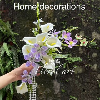 Bó hoa cưới cầm tay cô dâu từ hoa rum cao su non và hoa lụa màu trắng tím phong cách hàn quốc C003