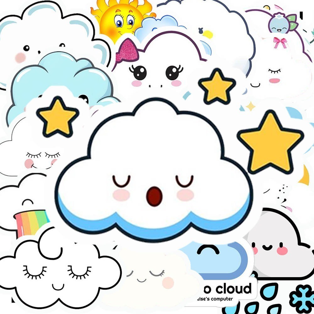 Hộp 50 Nhãn Dán Hình ĐÁM MÂY CUTE Decal Phản Quang 7 Màu Halogram Chống Nước