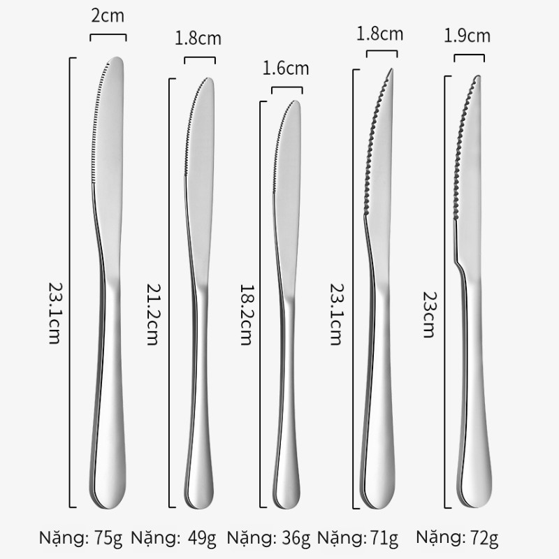 Dao Bàn Ăn Inox Cao Cấp - Dùng Ăn Tráng Miệng, Bít Tết, Đồ Âu - Thép Không Gỉ Sáng Bóng - Cho Gia Đình, Nhà Hàng 1010