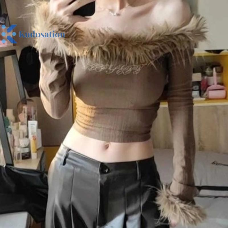Kudosation Nữ Crop Top Gợi Cảm Tinh Khiết Khát Vọng Lông Thú Cổ Áo Thun Dài Tay Mỏng Đẹp
