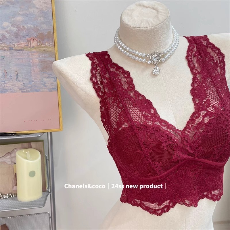 Bộ Đồ Lót Ren Đỏ Nữ Phong Cách Pháp Không Dây Lưng Đẹp Áo Cưới