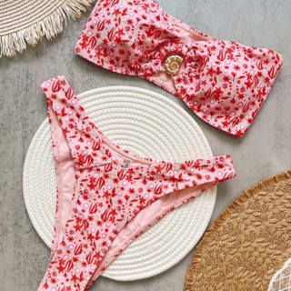 Đồ Bơi Nữ Hoa Hồng Bandeau Kim Loại Rỗng Ra Hai Mảnh Bikini Đồ Bơi