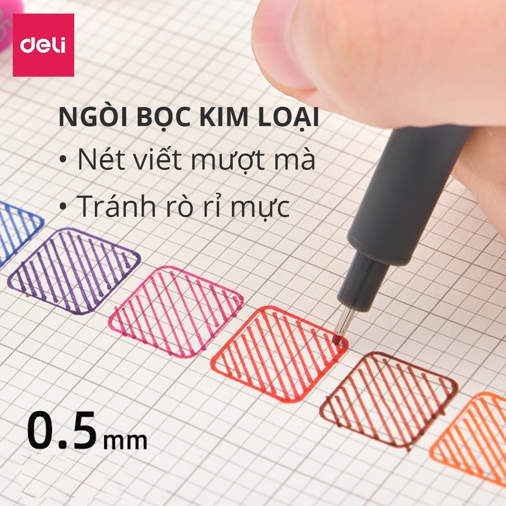 Bộ 9 bút line, lông kim đi nét nhiều màu Deli ngòi bọc kim loại 0.5mm viết caligraphy thư pháp trang trí sổ tay S572