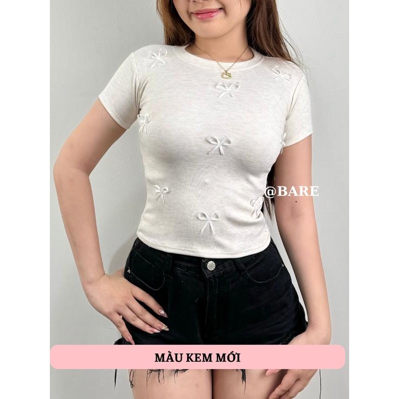 (Có size) Áo thun ôm body nữ tay ngắn gắn nhiều nơ nhỏ xinh xắn chất thun thái mềm co dãn tôn dáng-A31