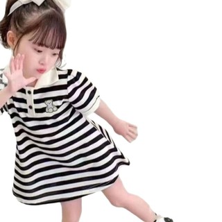 (6m-8Yrs) Mùa Hè Bé Gái Đầm Trẻ Em Đen Trắng Sọc Đầm Đan Thêu Tay Ngắn POLO Áo Sơ Mi