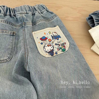 Quần jeans rộng rãi phong cách Hàn Quốc mới cho bé gái mùa xuân và mùa thu, quần thẳng thời trang cho trẻ em, quần dài hoạt hình cho bé gái
