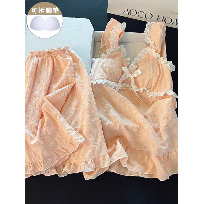 Plus size 300kg bộ đồ ngủ thiết kế phong cách mục vụ mới Bộ đồ ngủ nữ quần áo ở nhà có miếng đệm ngực