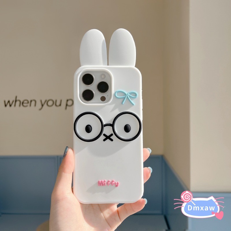 Ốp Silicon Thỏ 3D Dễ Thương Cho iPhone 16 Pro Max 15 14 Plus 13 12 Pro Max Bao Xoay Kính Tai Thỏ Hoạt Hình Vỏ Mềm Chống Sốc