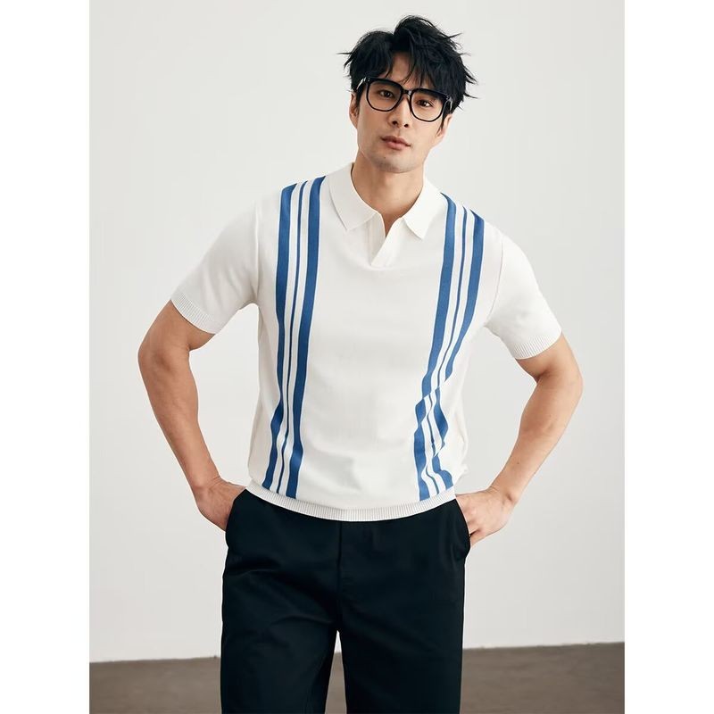 ThaliaWisp Sọc Colorblock Mùa Hè Băng Lụa Đan Áo Sơ Mi Polo Tay Ngắn Cho Nam