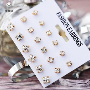 XON Set 9 Đôi Bông Tai Đính Đá Pha Lê Hình Vuông Đơn Giản Thời Trang Cho Nữ