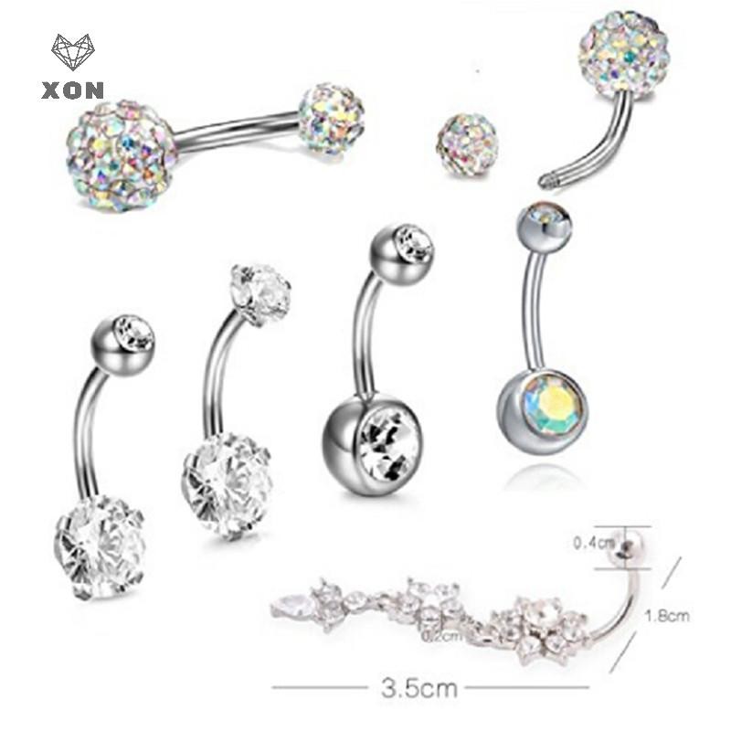 XON Set 7 Khuyên Rốn Thép Không Gỉ Đính Đá Pha Lê