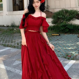 Say Wild Berry Đỏ Phù Hợp Với Đầm Nữ Tính Khí Top Không Đều Xù Siêu Cổ Tích Váy Hai Mảnh Phù Hợp Với 5.9