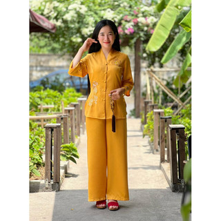 Set đồ lụa bà lai thêu bồ đề, thời trang nữ lụa đi chùa