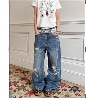GKSSS Quần jean nam Mỹ dáng rộng phong cách đường phố giản dị chất lượng cao phong cách trung tính thiết kế rách