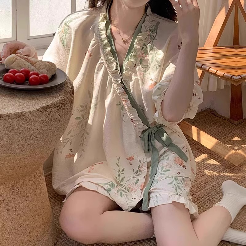 Phong Cách Mới Mùa Hè Mới Phong Cách Trung Hoa Phối Ren Quần Short Tay Ngắn Bộ Đồ Ngủ Nữ Mỏng Phong Cách Có Thể Mặc Bên Ngoài Tươi Cổ Rhyme Phong Cách Trung Hoa Quần Áo Gia Đình