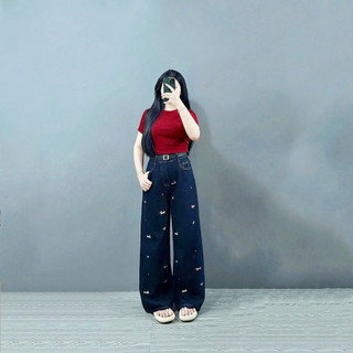 Quần Jean Bigsize Nữ Ống Rộng Cạp Cao Họa Tiết Xinh Cá Tính Chất Denim Phong Cách Q553