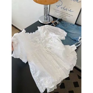 Phong Cách Hàn Quốc Nữ Nữ Rời Ruffle Baggy Áo Sơ Mi Tay Ngắn Áo Ren Thêu Giả-hai Mảnh