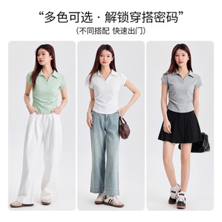 [MIZIQI] Áo thun ngắn tay cổ POLO màu trơn mùa hè dành cho nữ, Áo ngắn tay hẹp xếp li
