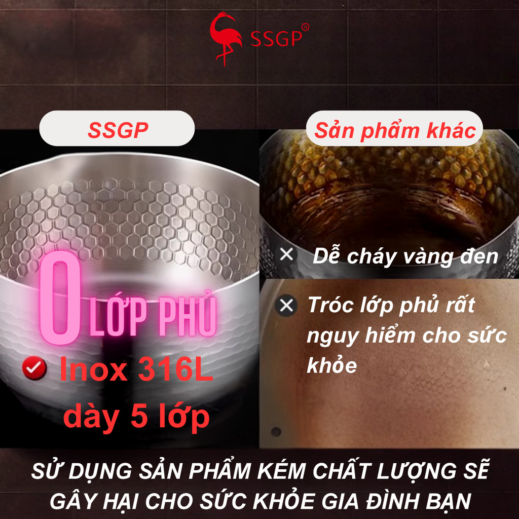 Quánh inox 316L 5 lớp chống tràn SSGP nấu cháo, nấu bột, nguyên khối, nấu mì chính hãng