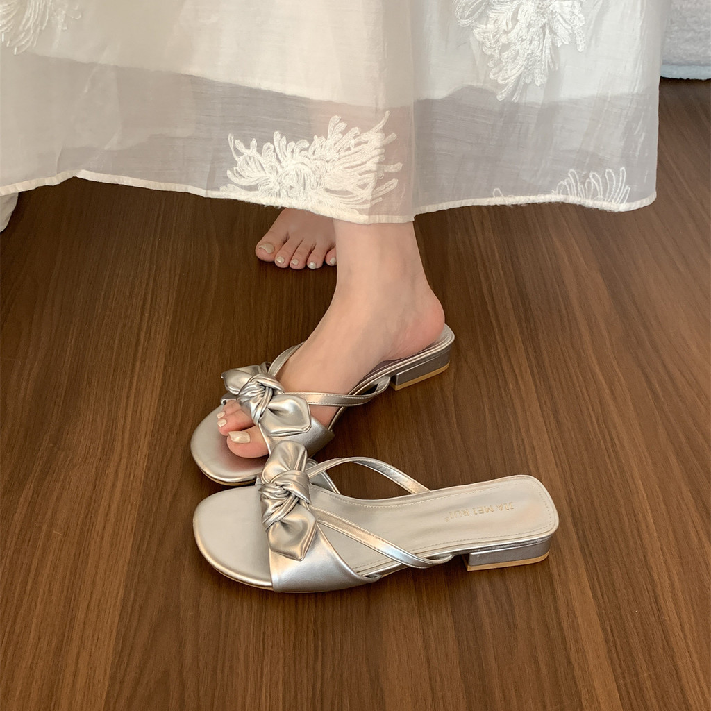 Xăng đan Nơ Mở Mũi Nữ Mặc Ngoài Flat Mules Satin Dép