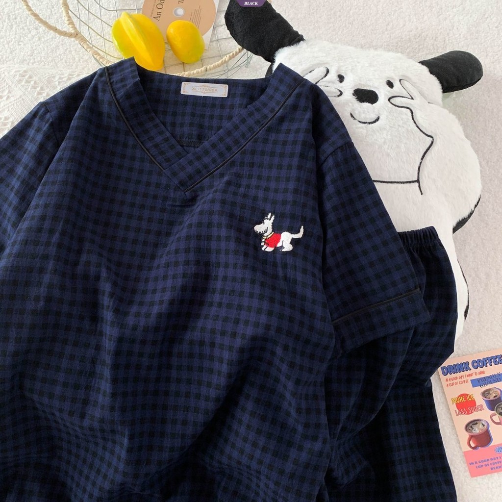 Bộ đồ ngủ cổ chữ V màu xanh đậm KT Cat Nữ mùa hè Phim hoạt hình ngọt ngào Quần Short ngắn tay Bộ đồ mặc nhà [BL]