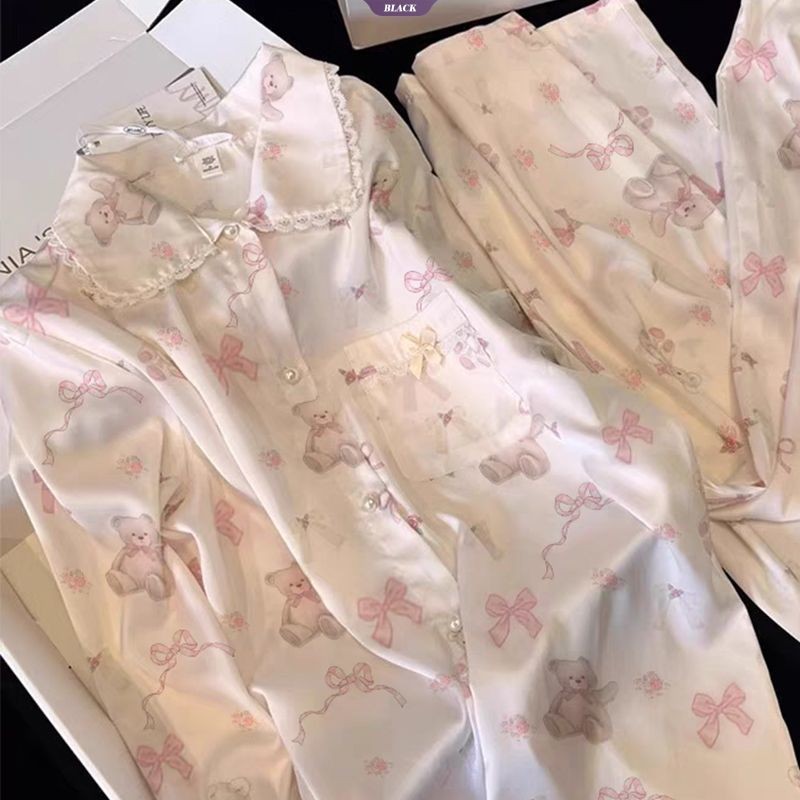 Ren Hoạt Hình Gấu Nơ Lớn Ice Silk Bộ Đồ Ngủ Nữ Xuân Hè 2025 Mới Dài Tay Mặc Ở Nhà [BL]