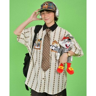 GKSSS Áo sơ mi ngắn tay mới phong cách retro Nhật Bản sọc dọc hoạt hình thêu hoa văn phong cách trung tính