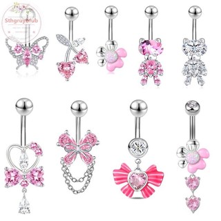 STHB Hồng Zircon Bụng Nút Nhẫn Thép Không Gỉ Trái Tim Bướm Rốn Xuyên Barbell Dành Cho Nữ Đi Biển Bụng Nhẫn Trang Sức Cơ Thể VN