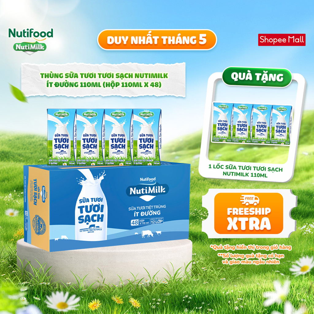 Ảnh Thùng Sữa Tươi Tươi Sạch NutiMilk Ít Đường 110ml (Hộp 110ml x 48) 1