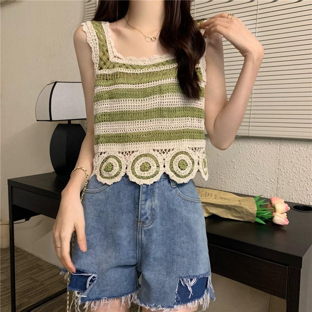 Áo Crop top AWNGD, Áo Vest dệt kim không tay cổ điển, họa tiết thêu thời trang Móc ngắn thanh lịch Bohemia