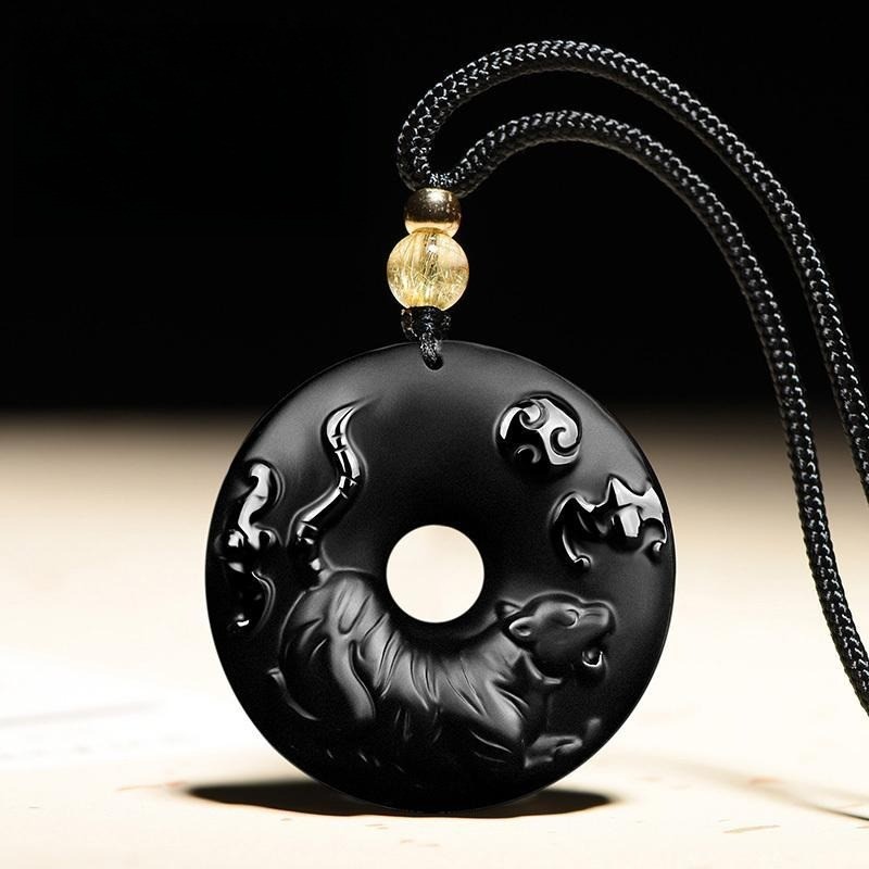 Tự Nhiên Obsidian Cung Hoàng Đạo Khóa An Toàn Mặt Dây Chuyền Nam Nữ Vòng Cổ