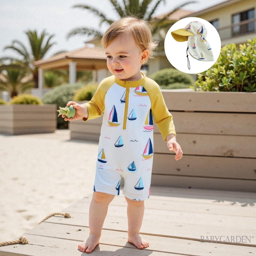 / / -0-5 tuổi Trẻ Em Bé Trai Rash Guard Đồ Bơi Có Mũ Thuyền buồm In Khóa Kéo Dài Tay Cổ Tròn Đồ Bơi Bé Trai